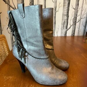 Poetic License Metallic Gray Heeled Boots with Fringe